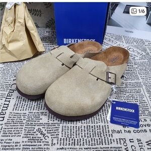 Birkenstock Taupe Suede Boston Clogs